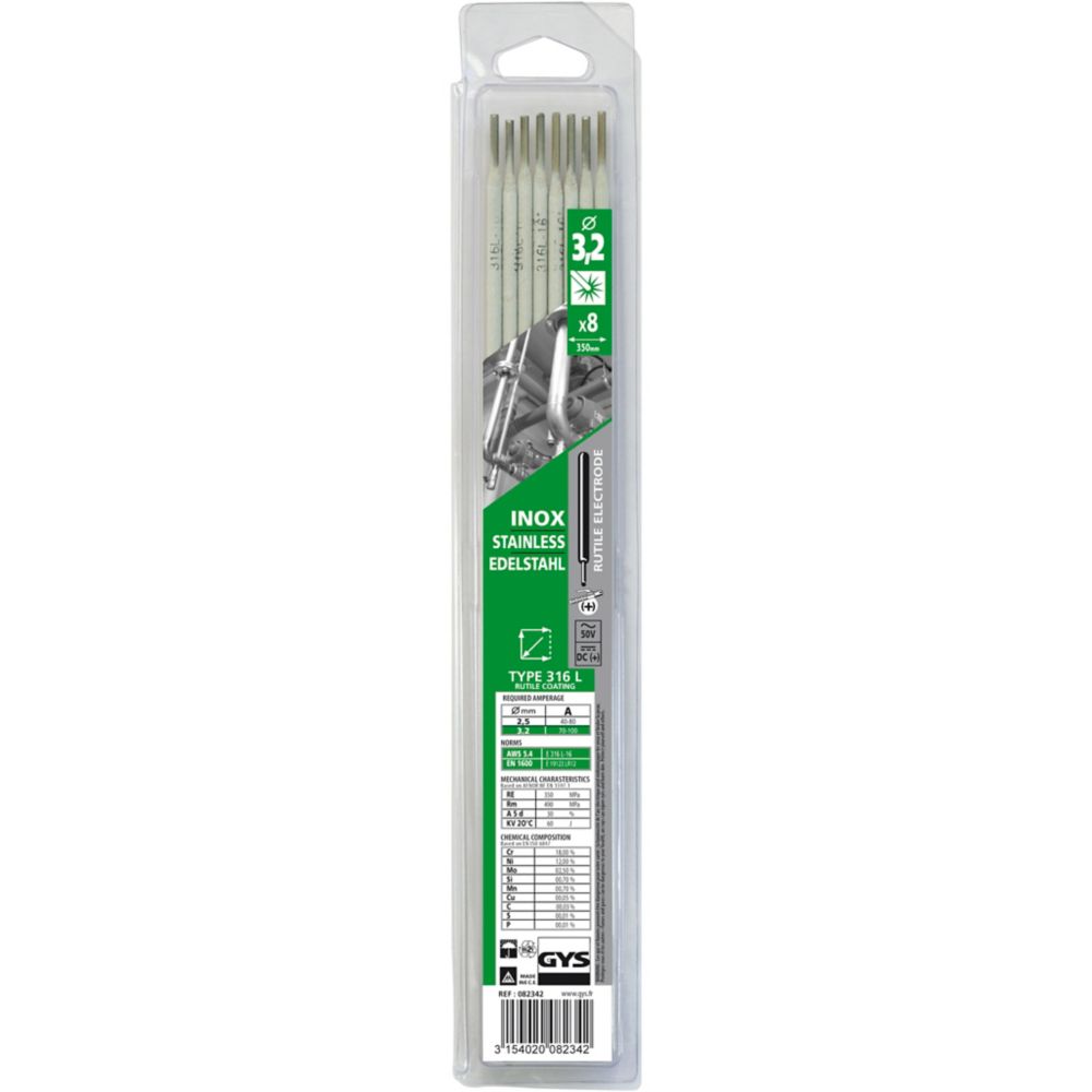 Électrodes de soudage en acier inoxydable Gys 082342, 3,2 x 350mm 0,30kg, lot de 8