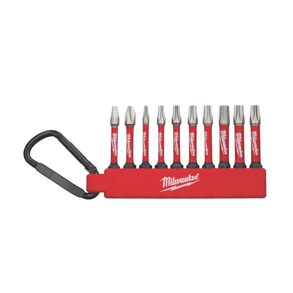 Ensemble de 10 embouts de vissage résistants aux impacts mixtes à tige droite 1/4" avec mousqueton Milwaukee Shockwave