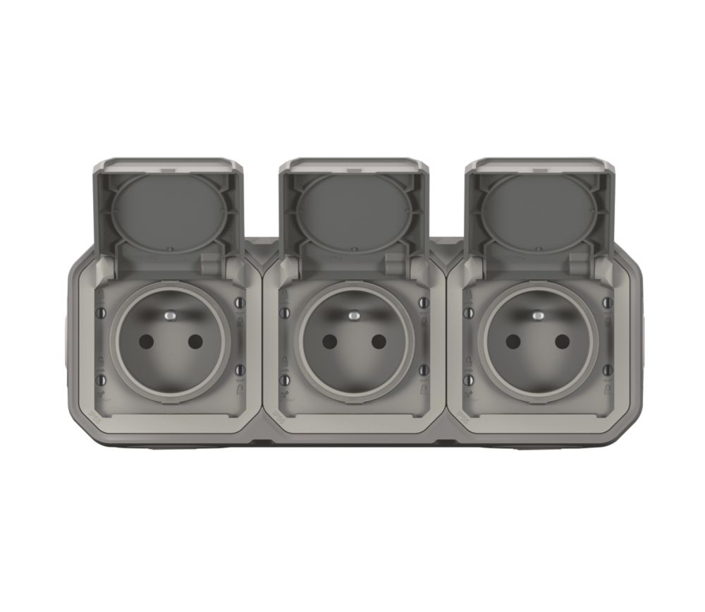 Triple prise terre 3 postes étanche pose horizontale complet grise Legrand Plexo