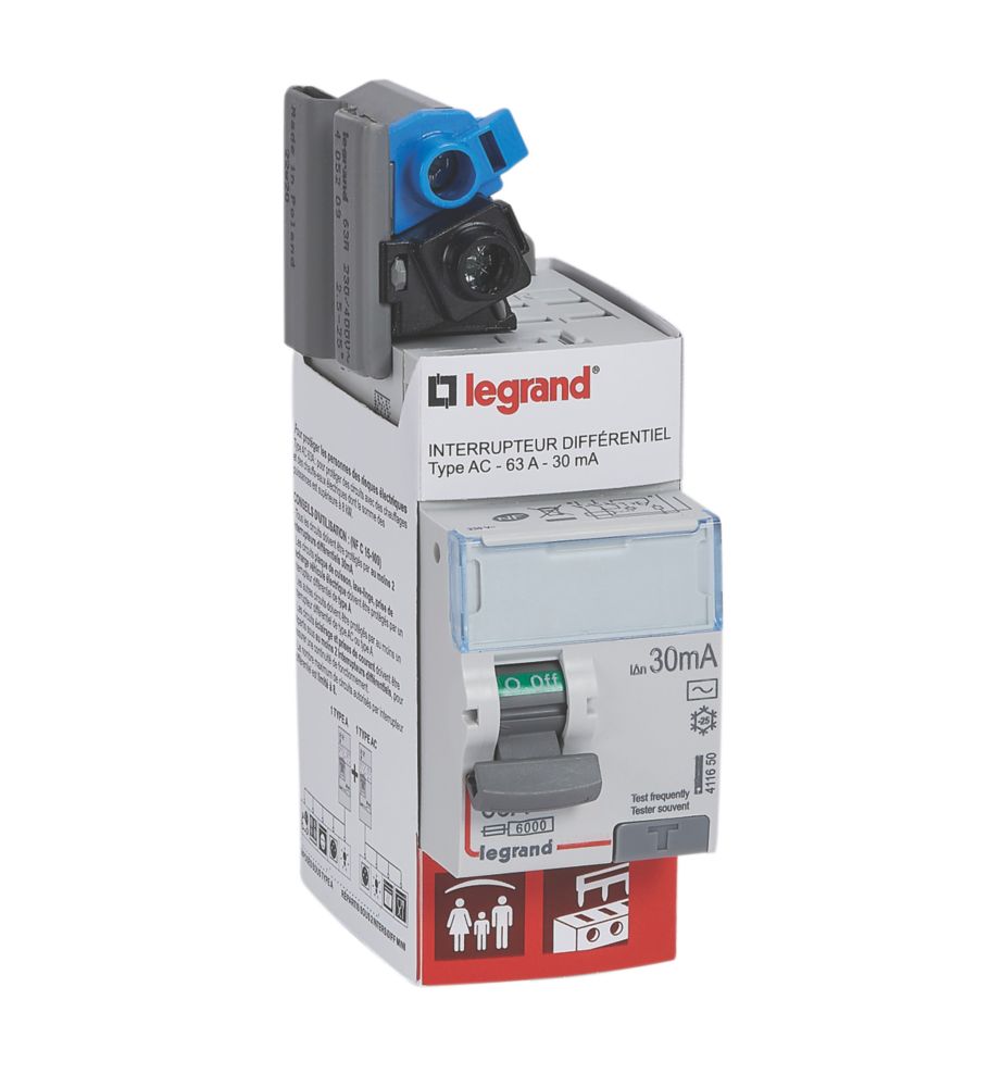 Interrupteur différentiel bipolaire à bornes à vis courbe AC Legrand DX3 63A 30mA 