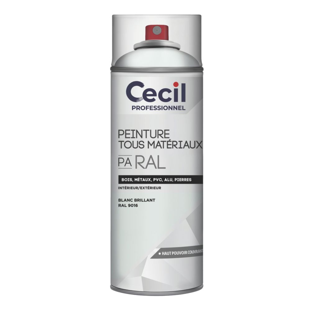 Peinture aérosol tous matériaux Cecil Professionnel blanc brillant 400ml