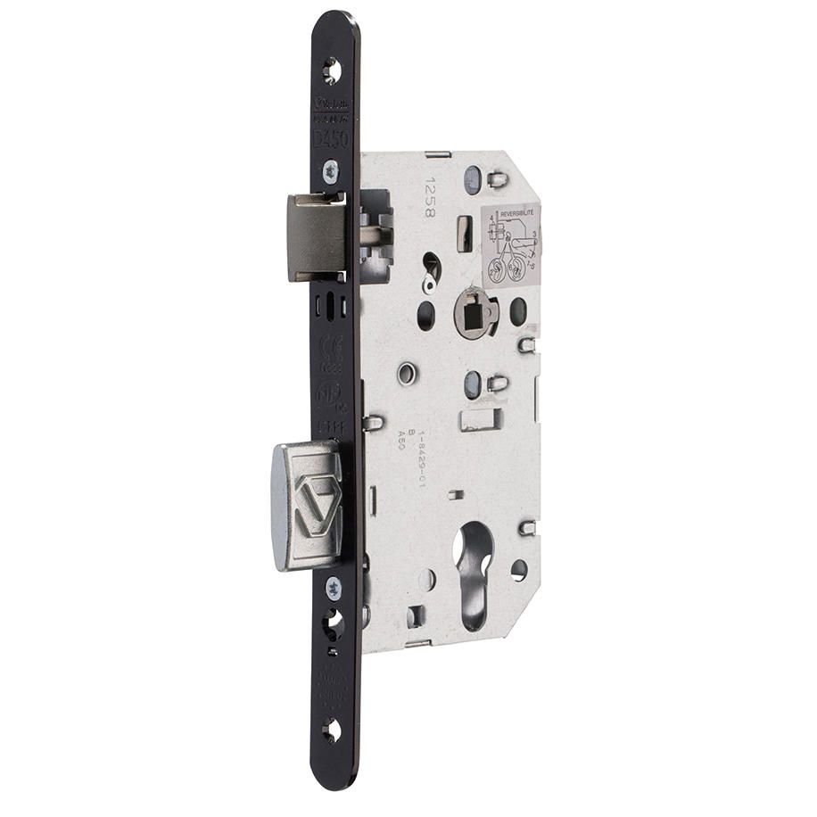 Serrure à encastrer VACHETTE D455 pour cylindre profil européen, axe 50mm bout ronds, noir.