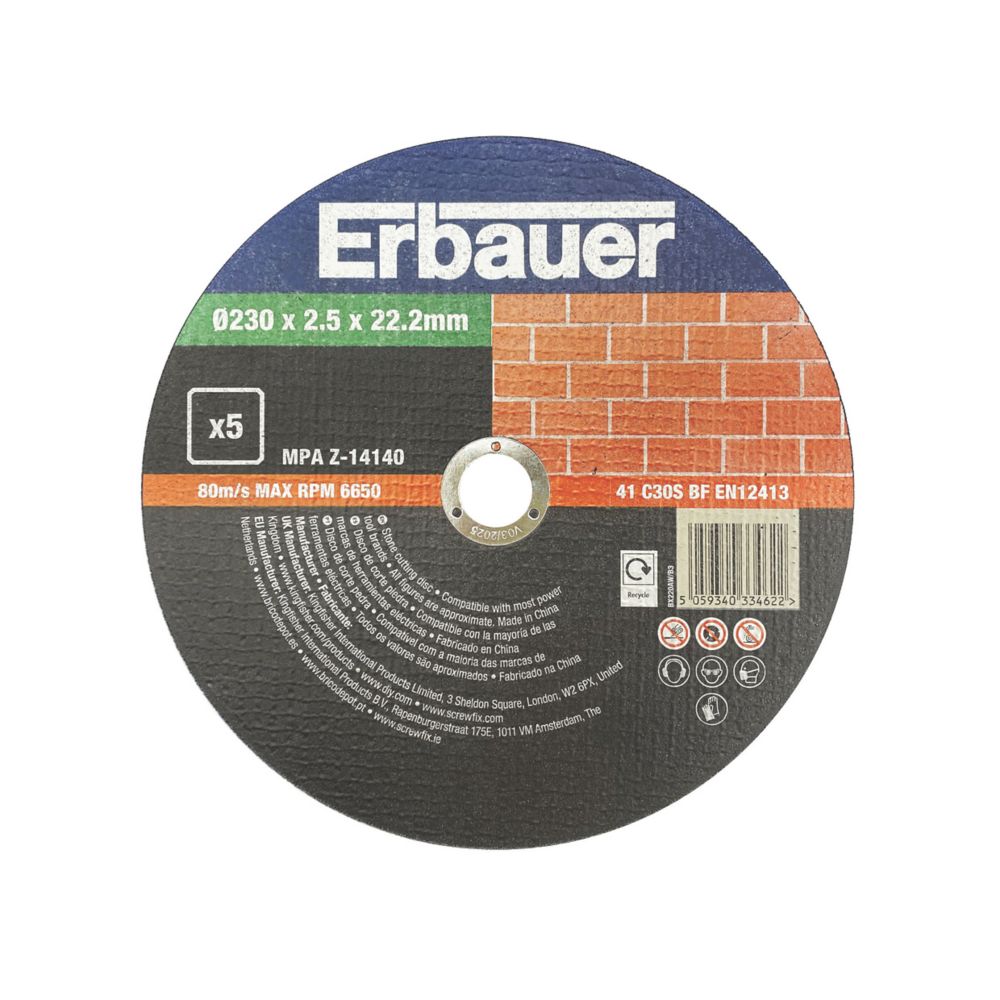 Lot de 5 disques à tronçonner pierre 230 mm x 2,5 mm x 22,2 mm Erbauer