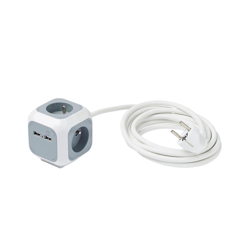 Prise cubique sans interrupteur 4 modules 16A Diall + chargeur USB type A 2 prises 2,4A 3m