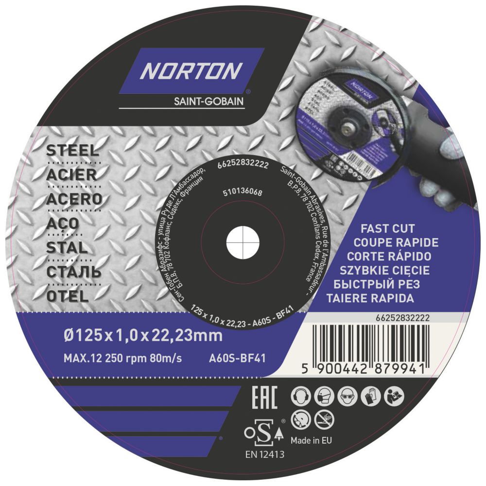 Lot de 5 disques à tronçonner métal Norton 125 mm x 1 x 22,23 mm
