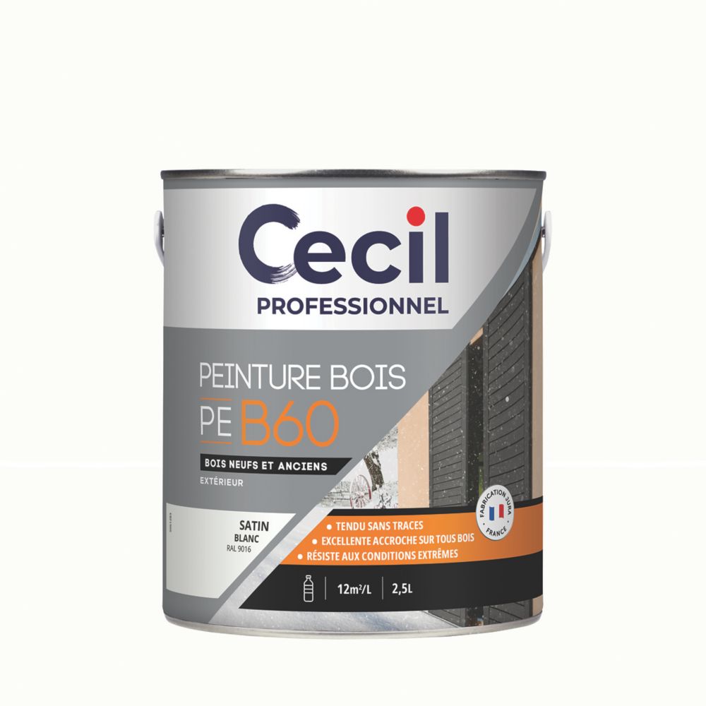 Peinture pour bois Cecil Professionnel blanc satiné 2,5L, Peinture bois