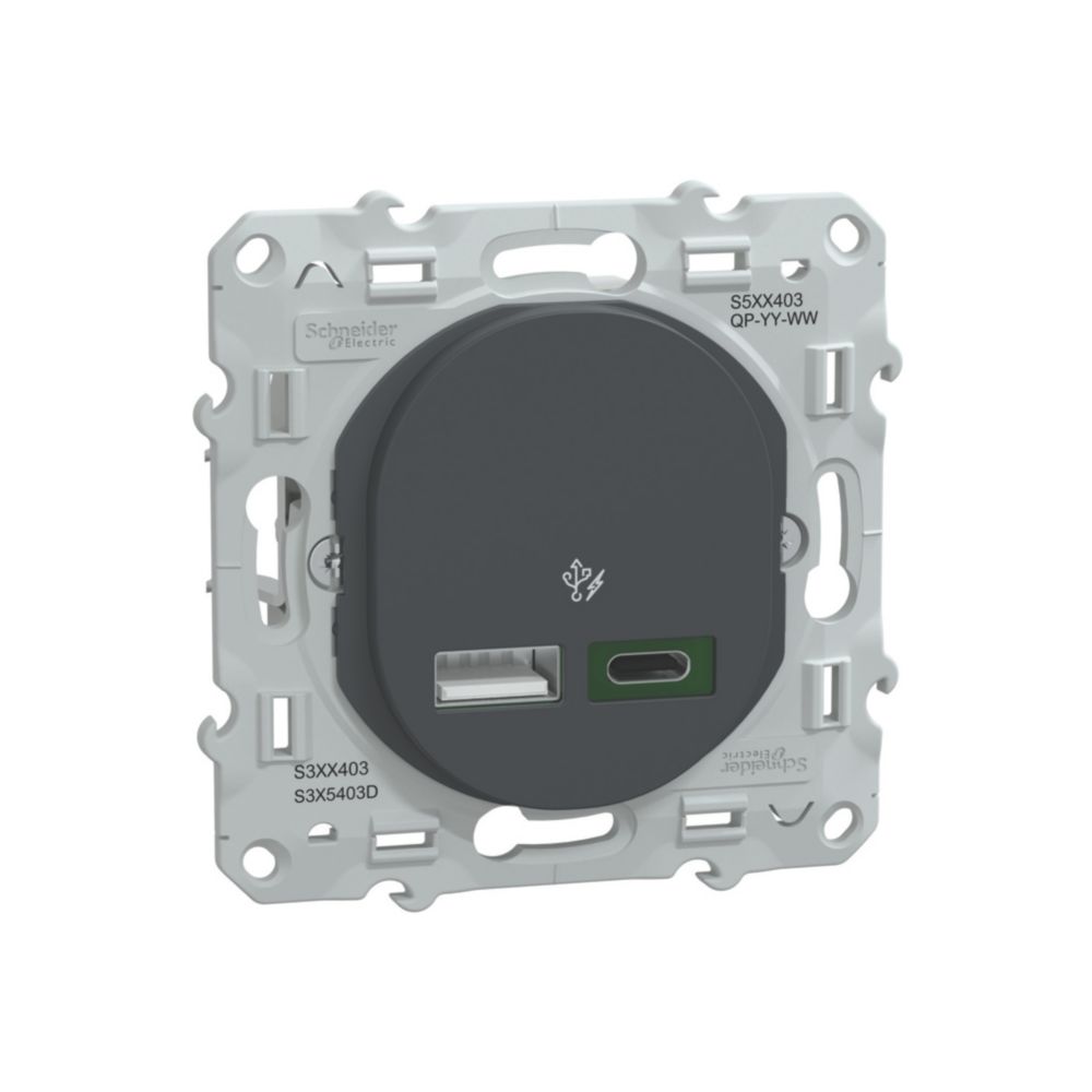 Double Chargeur USB A 1 poste Ovalis Anthracite Schneider