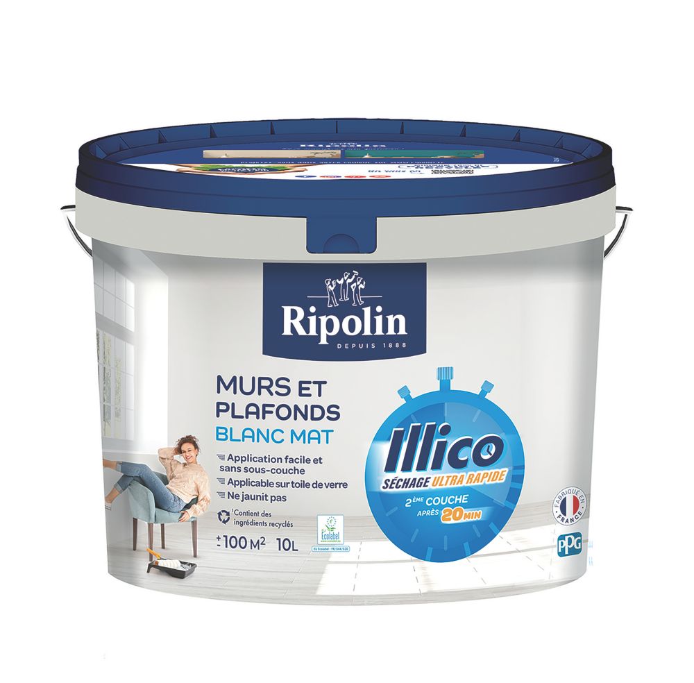 Peinture mur et plafond blanc mat RIPOLIN Illico 10L