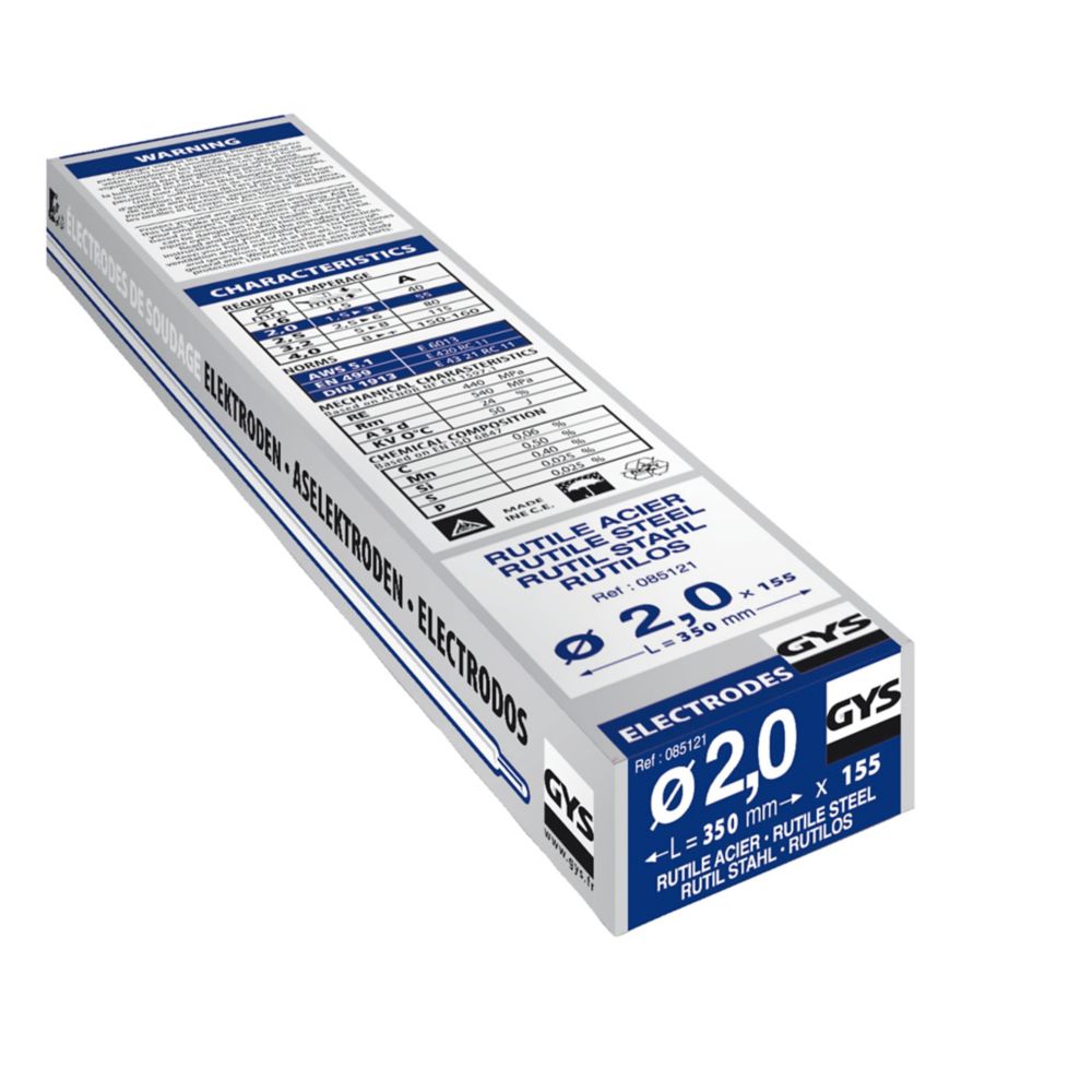 Électrodes de soudage en acier rutiles GYS 085121, 2,0 x 350mm 2,05kg, lot de 155