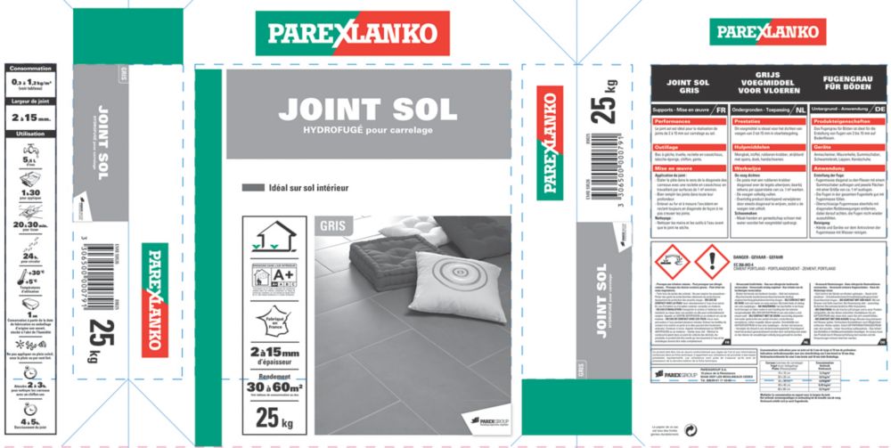 Parexlanko - Joint hydrofugé pour carrelage - Joint Sol - Gris - Pour sol  intérieur et extérieur - Milieu humide - Joint de 2 à 15 mm - 5kg :  : Bricolage