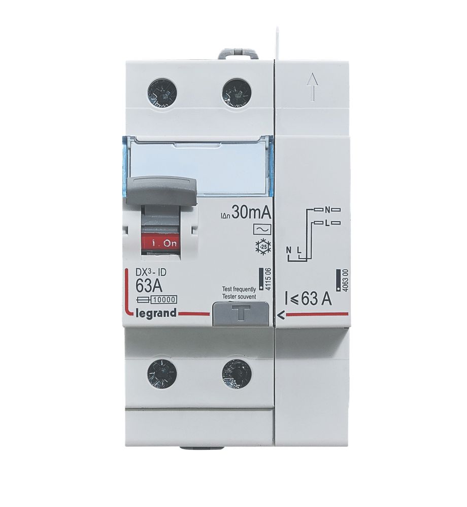 Interrupteur différentiel bipolaire à bornes à vis et bornes automatiques courbe AC Legrand DX3 63A 30mA 