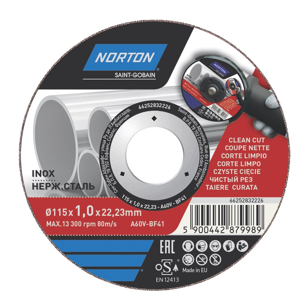 Disque à tronçonner métal/inox 115 mm x 1 x 22,23 mm Norton