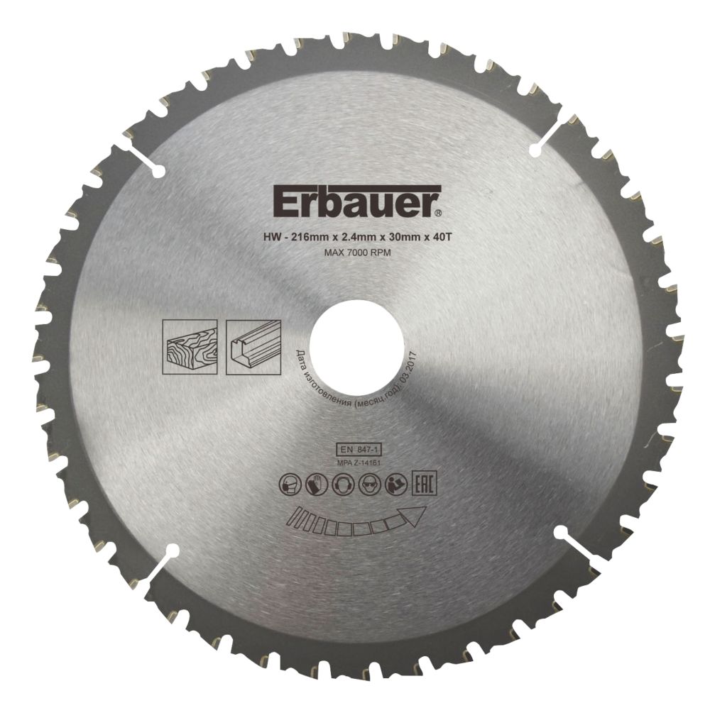 Lame de scie circulaire TCT 216 x 2,4 x 30mm 40 dents Erbauer