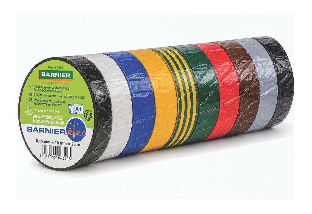 Ruban isolant électrique Barnier 6022, 10m x 15mm assortiment de 10 pièces de couleurs différentes