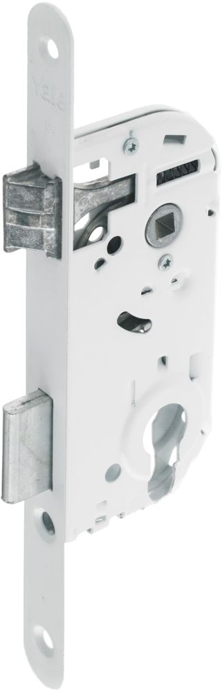 Serrure à encastrer YALE Y50 coffre 135mm pour cylindre profil européen, axe 40mm bout ronds, blanc.