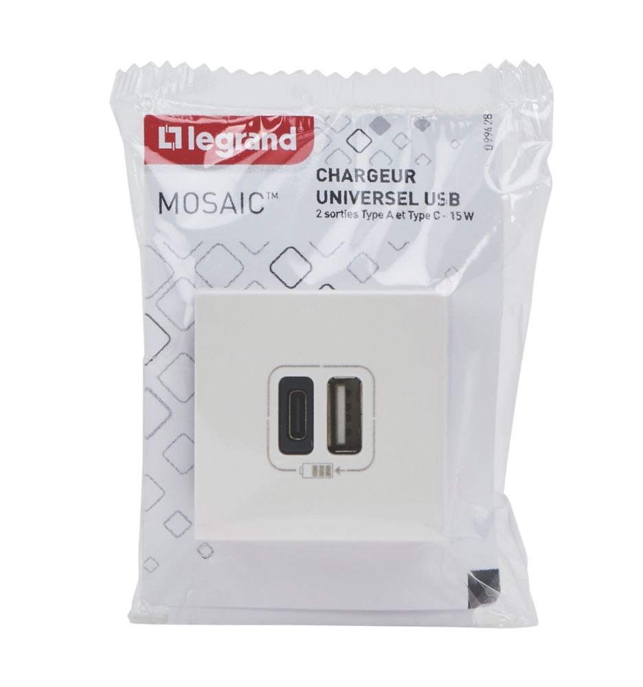 Double chargeur USB A+C 1 poste blanc Legrand Mosaic