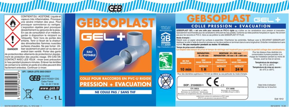 Colle PVC sans THF GEB Gebsoplast Gel+ 1L, Économisez 30% sur plus de 300  produits de plomberie