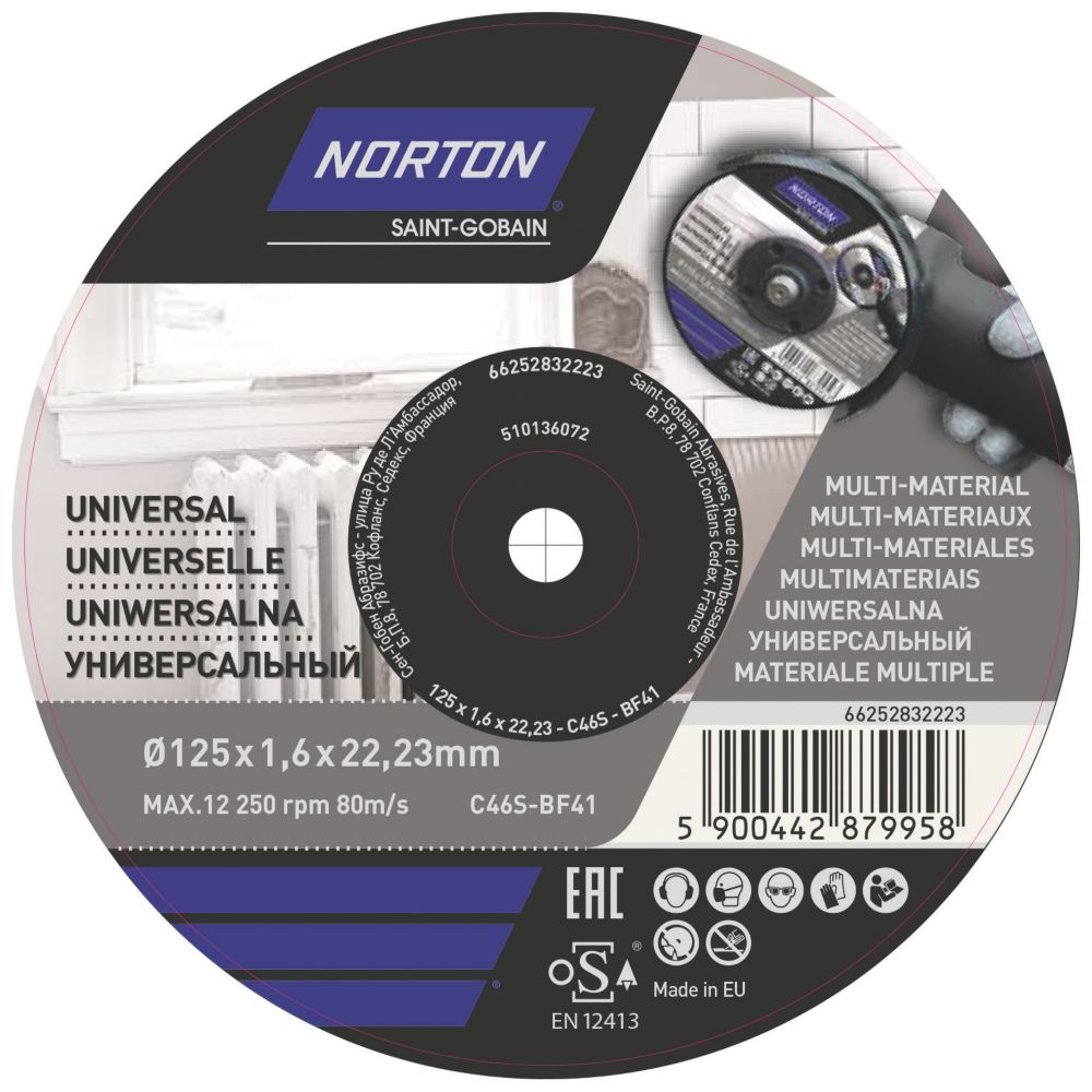 Lot de 5 disques à tronçonner multi matériaux 125 mm x 1,6 x 22,23 mm Norton