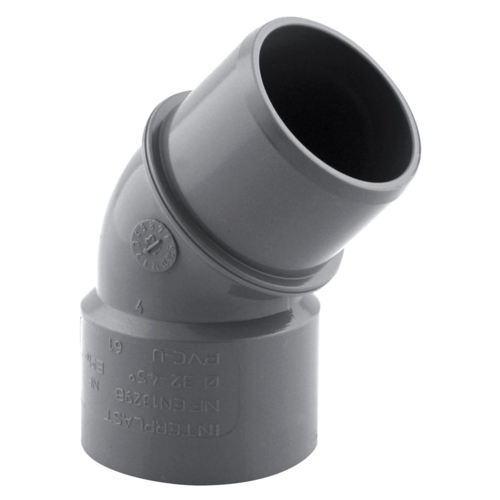 Coude PVC NF mâle/femelle à 45° 32mm à coller gris Fitt