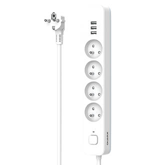 Rallonge blanche de 1,5m avec commutateur 16A 4 modules Quarx à protection contre les surtensions et USB + chargeur USB 12wattA 3G type A